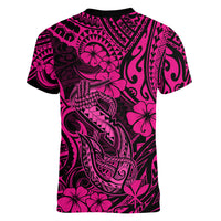 Hawaii Fish Hook Women V Neck T Shirt Hibiscus Hawaii Tribal Tattoo Pink Version LT01 - Polynesian Pride
