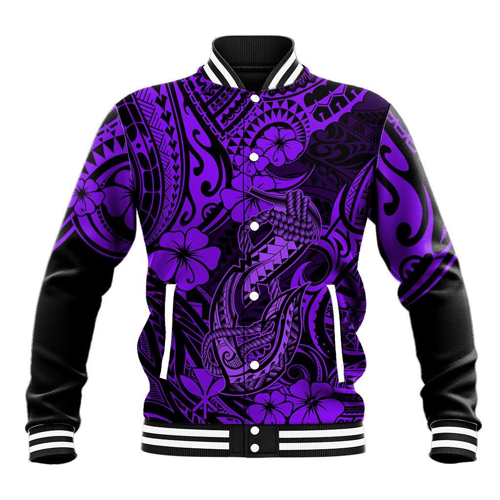 Hawaii Fish Hook Baseball Jacket Hibiscus Hawaii Tribal Tattoo Purple Version LT01 Unisex Purple - Polynesian Pride
