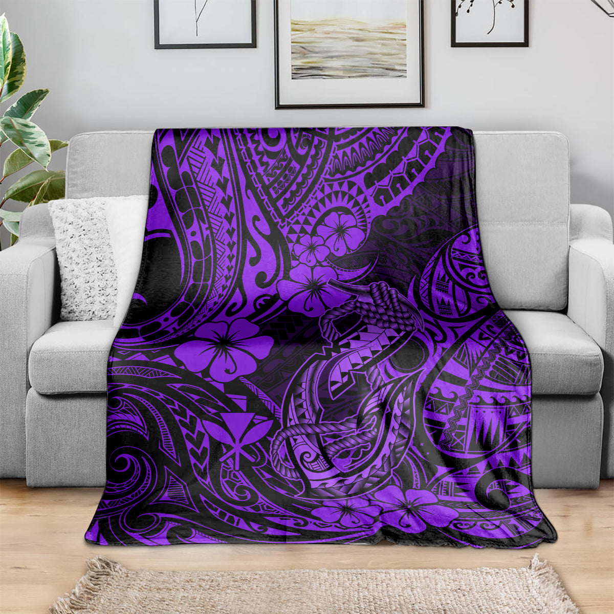 Hawaii Fish Hook Blanket Hibiscus Hawaii Tribal Tattoo Purple Version LT01 - Polynesian Pride