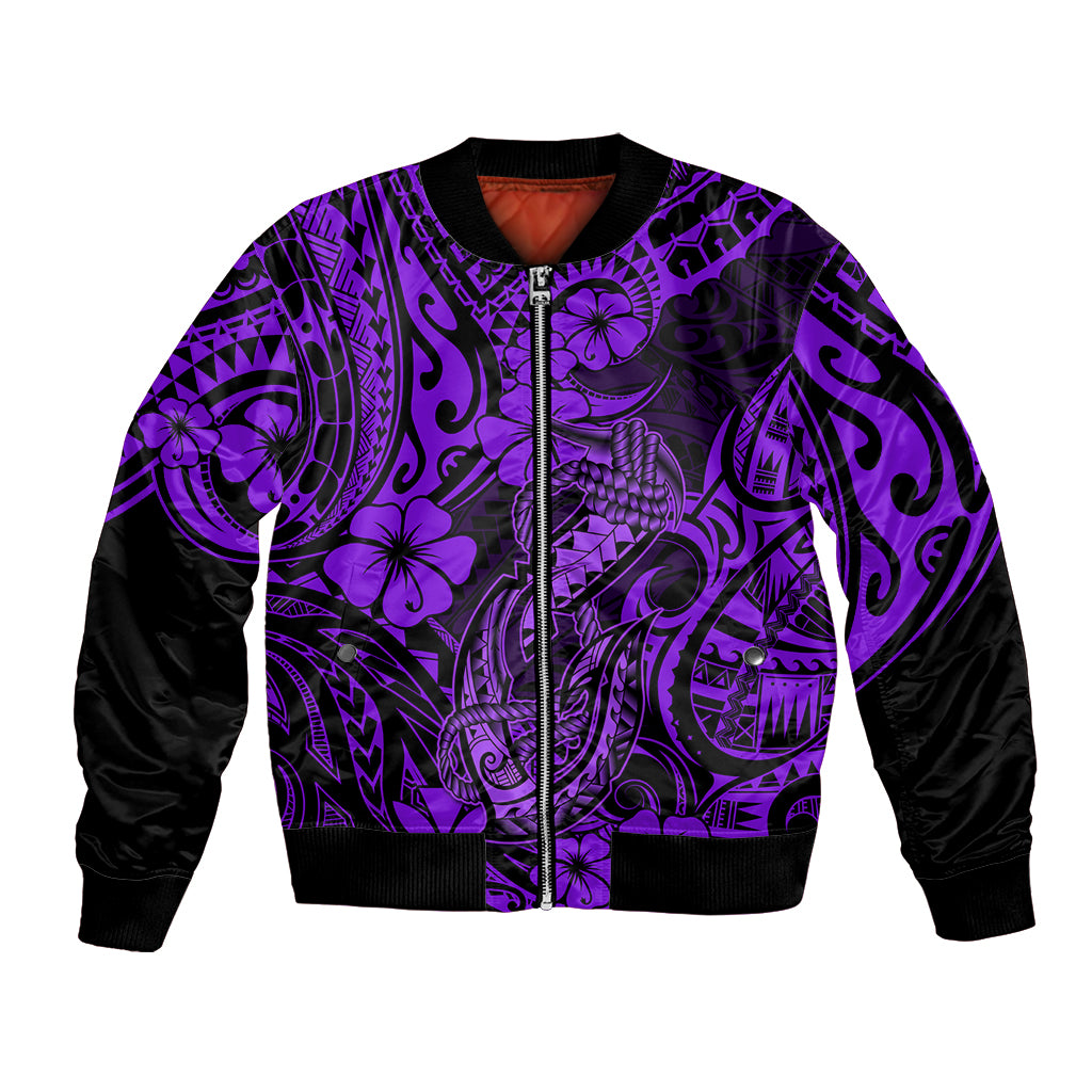 Hawaii Fish Hook Bomber Jacket Hibiscus Hawaii Tribal Tattoo Purple Version LT01 Unisex Purple - Polynesian Pride