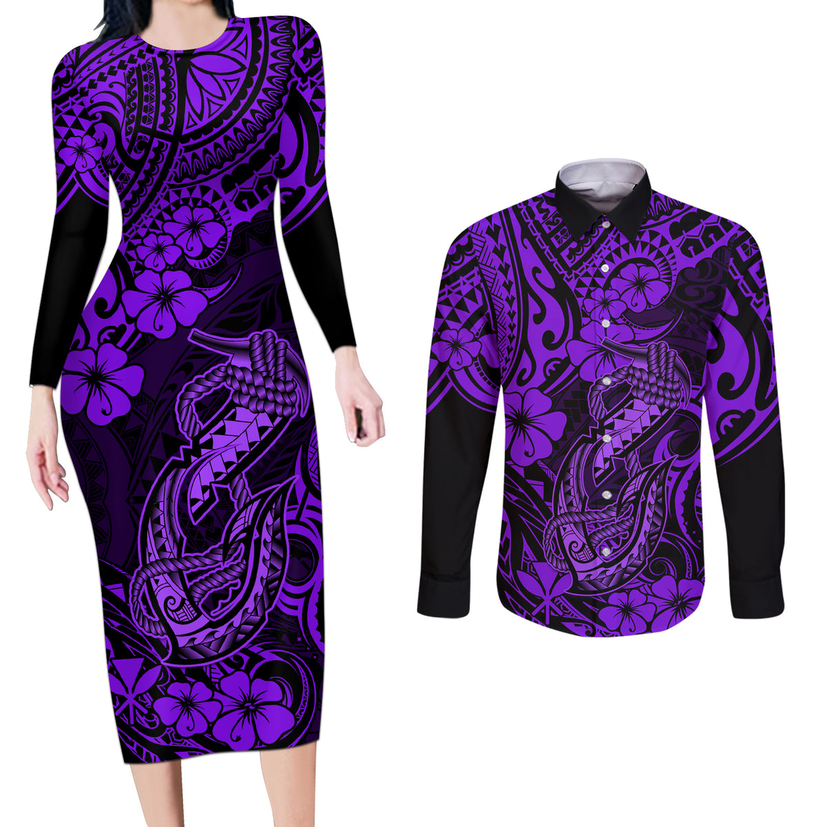 Hawaii Fish Hook Couples Matching Long Sleeve Bodycon Dress and Long Sleeve Button Shirts Hibiscus Hawaii Tribal Tattoo Purple Version LT01 Purple - Polynesian Pride