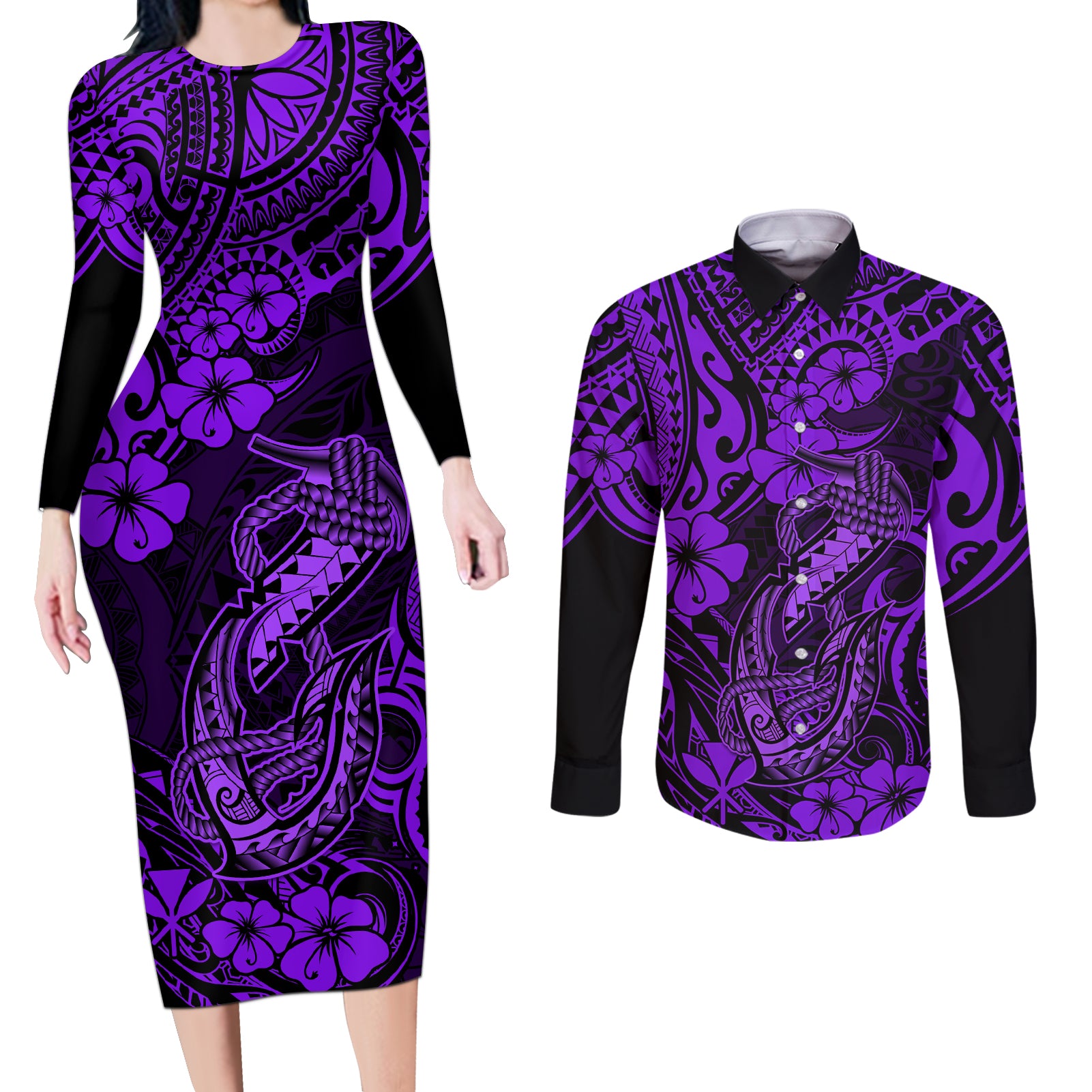 Hawaii Fish Hook Couples Matching Long Sleeve Bodycon Dress and Long Sleeve Button Shirts Hibiscus Hawaii Tribal Tattoo Purple Version LT01 Purple - Polynesian Pride