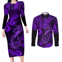 Hawaii Fish Hook Couples Matching Long Sleeve Bodycon Dress and Long Sleeve Button Shirts Hibiscus Hawaii Tribal Tattoo Purple Version LT01 Purple - Polynesian Pride