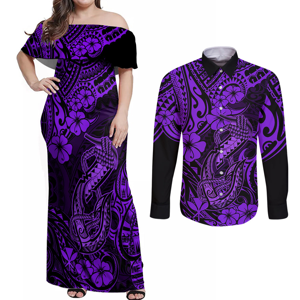 Hawaii Fish Hook Couples Matching Off Shoulder Maxi Dress and Long Sleeve Button Shirts Hibiscus Hawaii Tribal Tattoo Purple Version LT01 Purple - Polynesian Pride