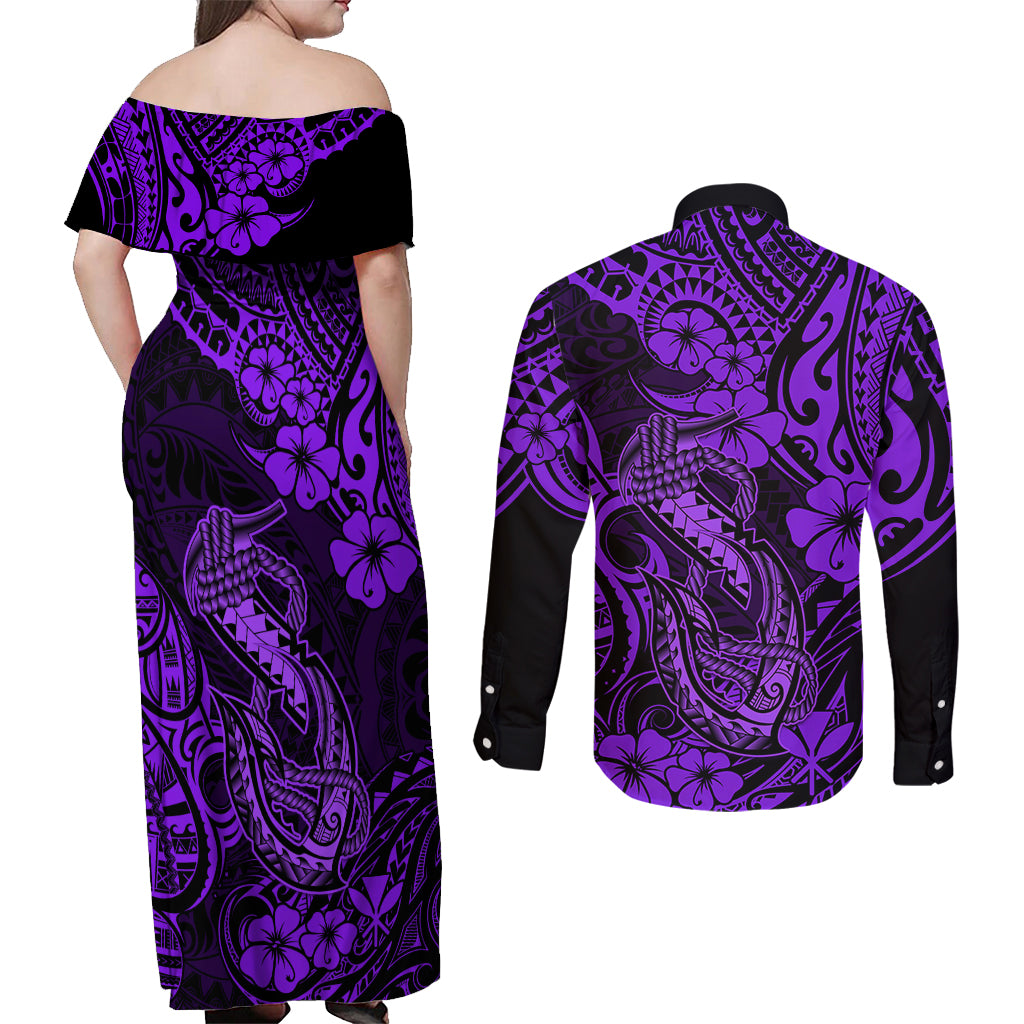Hawaii Fish Hook Couples Matching Off Shoulder Maxi Dress and Long Sleeve Button Shirts Hibiscus Hawaii Tribal Tattoo Purple Version LT01 - Polynesian Pride
