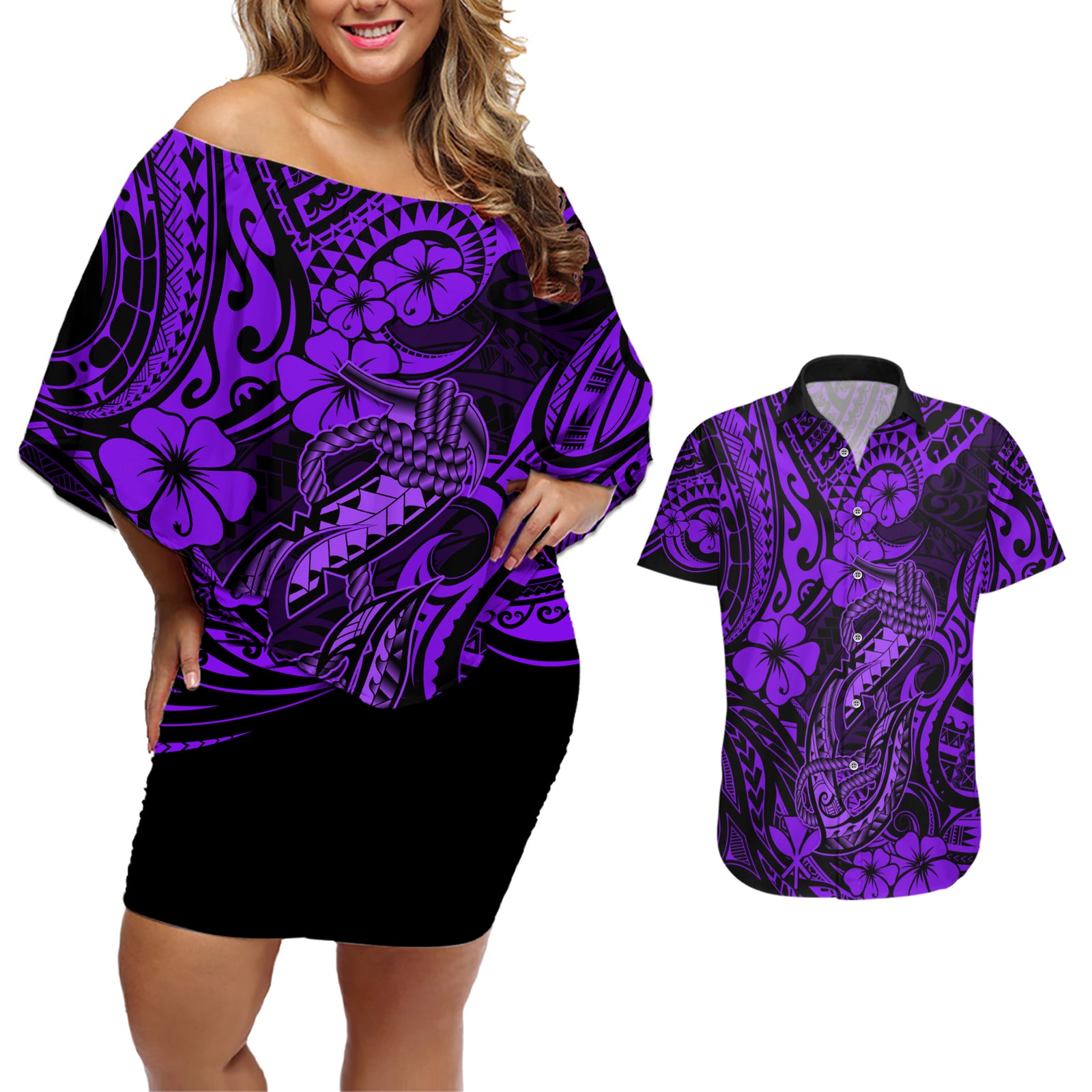 Hawaii Fish Hook Couples Matching Off Shoulder Short Dress and Hawaiian Shirt Hibiscus Hawaii Tribal Tattoo Purple Version LT01 Purple - Polynesian Pride
