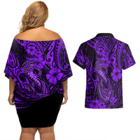 Hawaii Fish Hook Couples Matching Off Shoulder Short Dress and Hawaiian Shirt Hibiscus Hawaii Tribal Tattoo Purple Version LT01 - Polynesian Pride