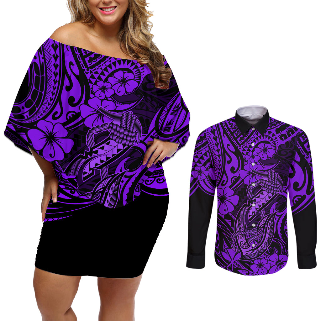 Hawaii Fish Hook Couples Matching Off Shoulder Short Dress and Long Sleeve Button Shirts Hibiscus Hawaii Tribal Tattoo Purple Version LT01 Purple - Polynesian Pride