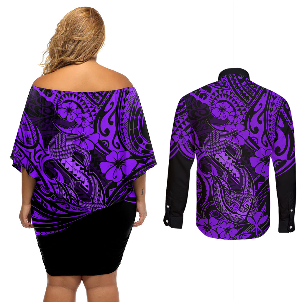 Hawaii Fish Hook Couples Matching Off Shoulder Short Dress and Long Sleeve Button Shirts Hibiscus Hawaii Tribal Tattoo Purple Version LT01 - Polynesian Pride