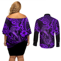 Hawaii Fish Hook Couples Matching Off Shoulder Short Dress and Long Sleeve Button Shirts Hibiscus Hawaii Tribal Tattoo Purple Version LT01 - Polynesian Pride