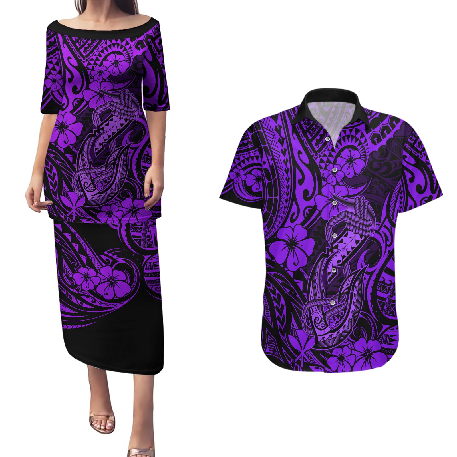 Hawaii Fish Hook Couples Matching Puletasi Dress and Hawaiian Shirt Hibiscus Hawaii Tribal Tattoo Purple Version LT01 Purple - Polynesian Pride