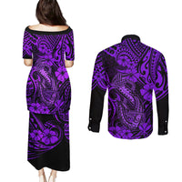 Hawaii Fish Hook Couples Matching Puletasi Dress and Long Sleeve Button Shirts Hibiscus Hawaii Tribal Tattoo Purple Version LT01 - Polynesian Pride