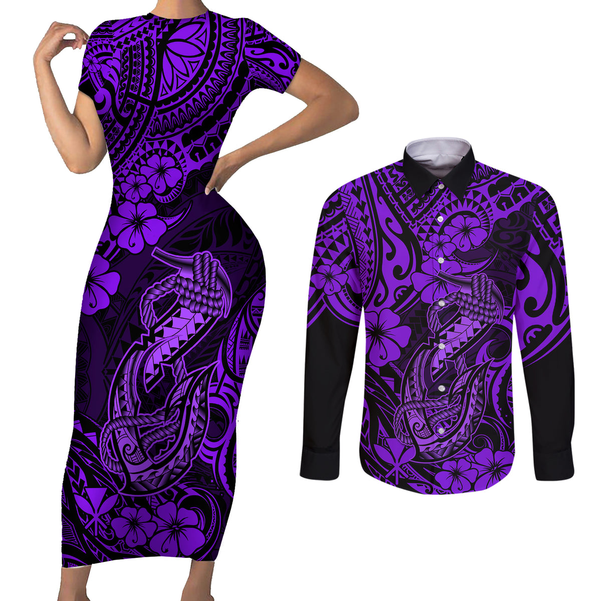 Hawaii Fish Hook Couples Matching Short Sleeve Bodycon Dress and Long Sleeve Button Shirts Hibiscus Hawaii Tribal Tattoo Purple Version LT01 Purple - Polynesian Pride