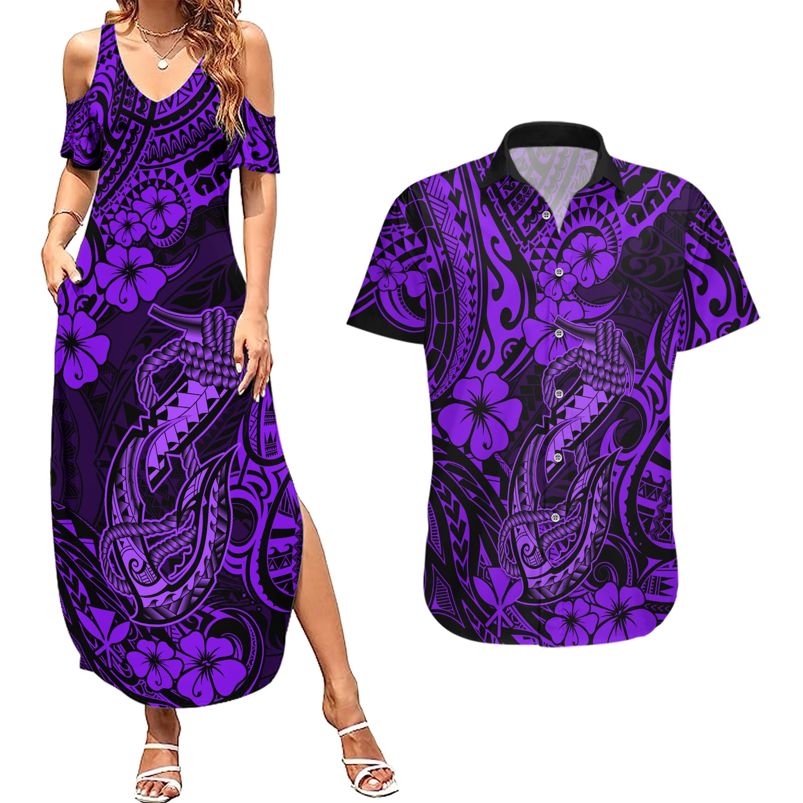 Hawaii Fish Hook Couples Matching Summer Maxi Dress and Hawaiian Shirt Hibiscus Hawaii Tribal Tattoo Purple Version LT01 Purple - Polynesian Pride