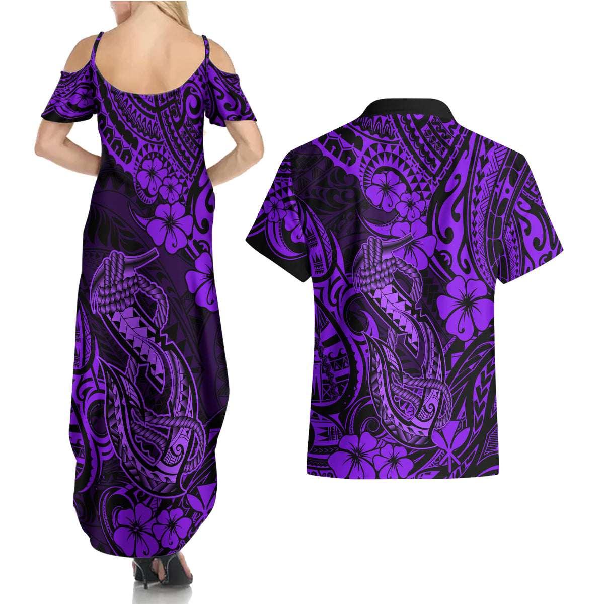 Hawaii Fish Hook Couples Matching Summer Maxi Dress and Hawaiian Shirt Hibiscus Hawaii Tribal Tattoo Purple Version LT01 - Polynesian Pride