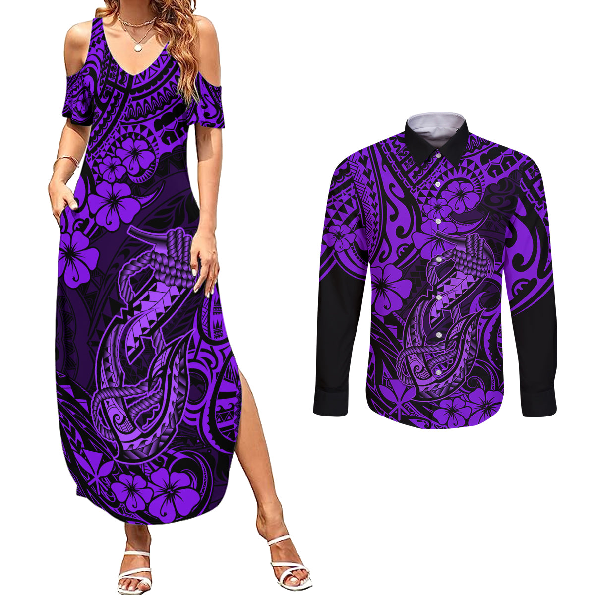 Hawaii Fish Hook Couples Matching Summer Maxi Dress and Long Sleeve Button Shirts Hibiscus Hawaii Tribal Tattoo Purple Version LT01 Purple - Polynesian Pride
