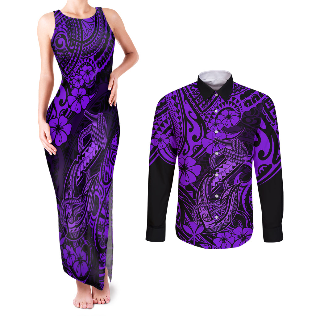 Hawaii Fish Hook Couples Matching Tank Maxi Dress and Long Sleeve Button Shirts Hibiscus Hawaii Tribal Tattoo Purple Version LT01 Purple - Polynesian Pride