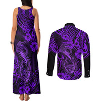 Hawaii Fish Hook Couples Matching Tank Maxi Dress and Long Sleeve Button Shirts Hibiscus Hawaii Tribal Tattoo Purple Version LT01 - Polynesian Pride