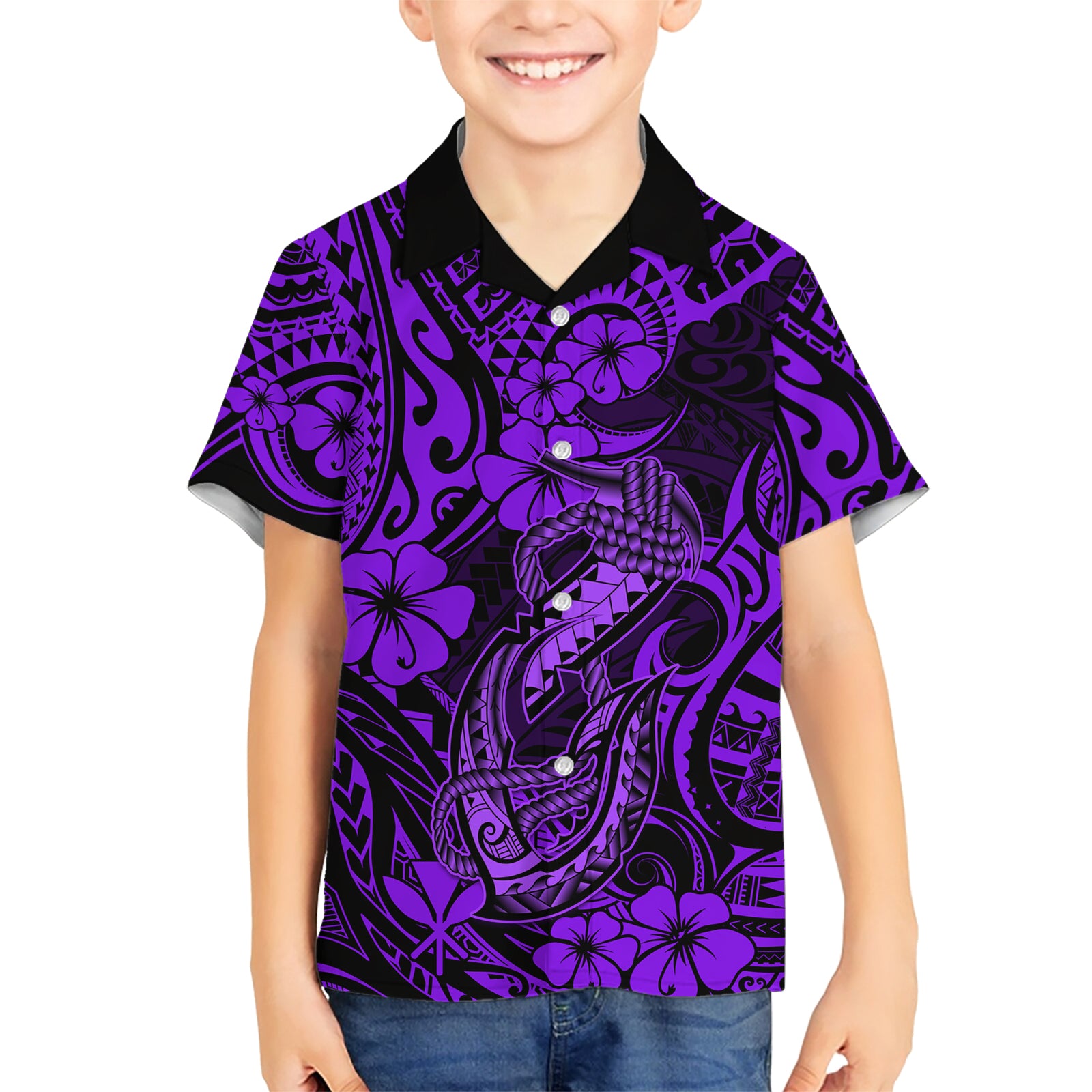 Hawaii Fish Hook Kid Hawaiian Shirt Hibiscus Hawaii Tribal Tattoo Purple Version LT01 Kid Purple - Polynesian Pride