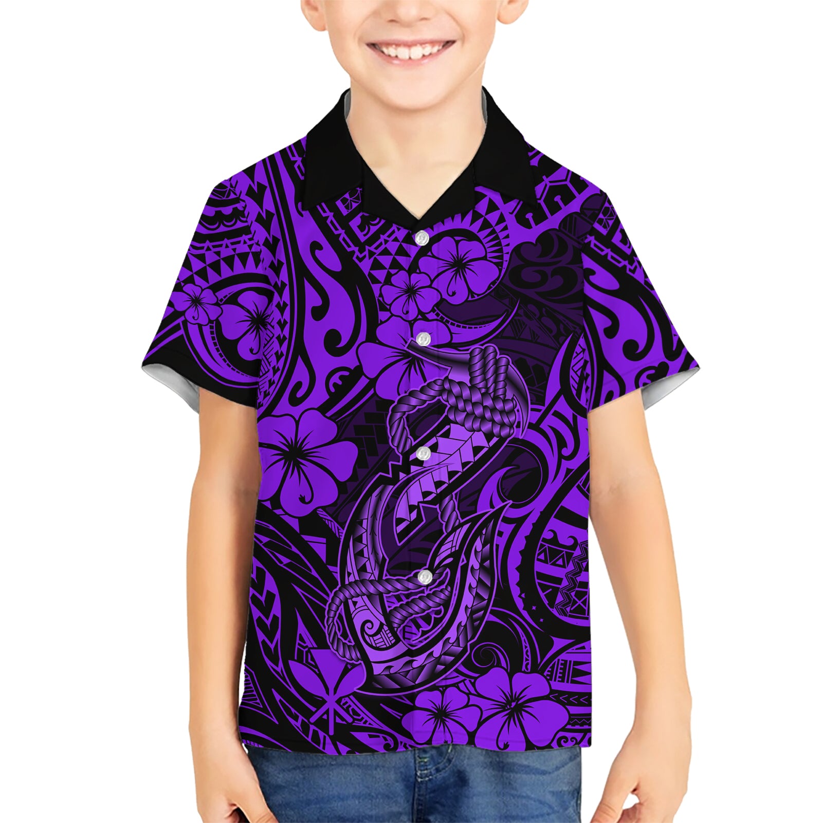 Hawaii Fish Hook Kid Hawaiian Shirt Hibiscus Hawaii Tribal Tattoo Purple Version LT01 Kid Purple - Polynesian Pride