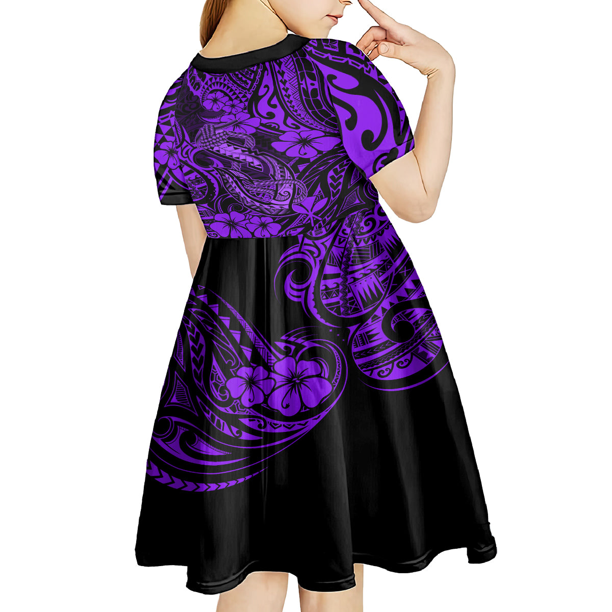 Hawaii Fish Hook Kid Short Sleeve Dress Hibiscus Hawaii Tribal Tattoo Purple Version LT01 - Polynesian Pride