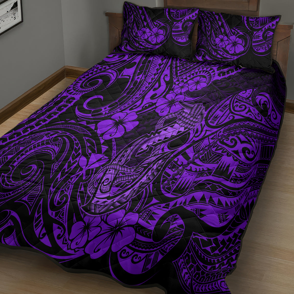 Hawaii Fish Hook Quilt Bed Set Hibiscus Hawaii Tribal Tattoo Purple Version LT01 - Polynesian Pride