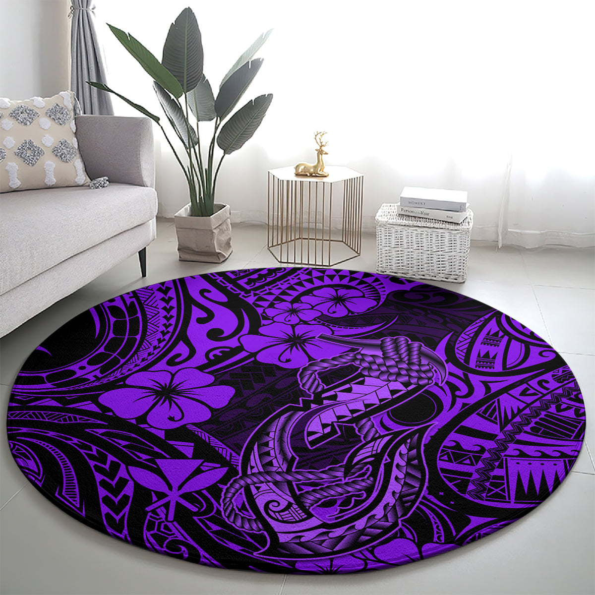 Hawaii Fish Hook Round Carpet Hibiscus Hawaii Tribal Tattoo Purple Version LT01 - Polynesian Pride