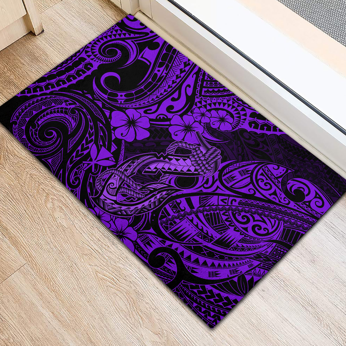 Hawaii Fish Hook Rubber Doormat Hibiscus Hawaii Tribal Tattoo Purple Version LT01 - Polynesian Pride