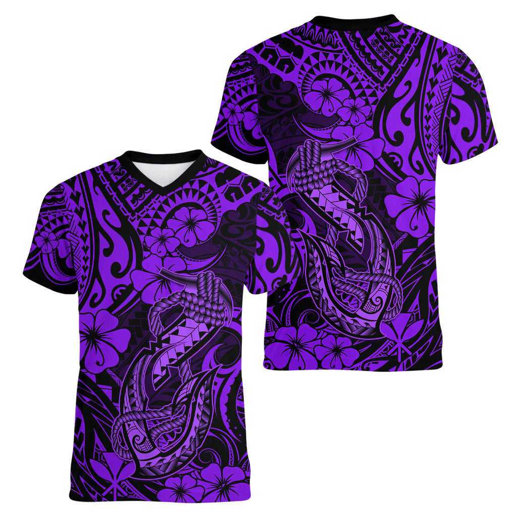 Hawaii Fish Hook Women V Neck T Shirt Hibiscus Hawaii Tribal Tattoo Purple Version LT01 - Polynesian Pride