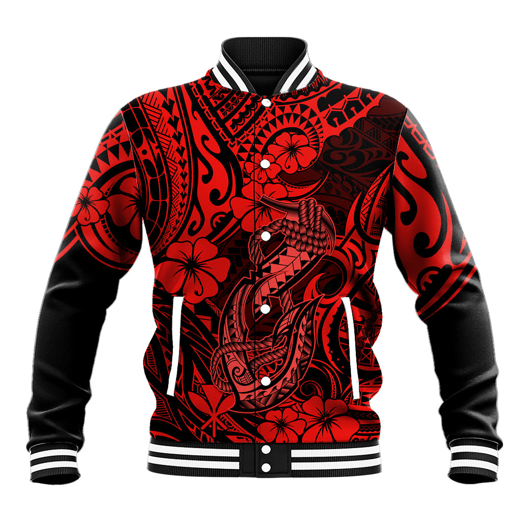 Hawaii Fish Hook Baseball Jacket Hibiscus Hawaii Tribal Tattoo Red Version LT01 Unisex Red - Polynesian Pride