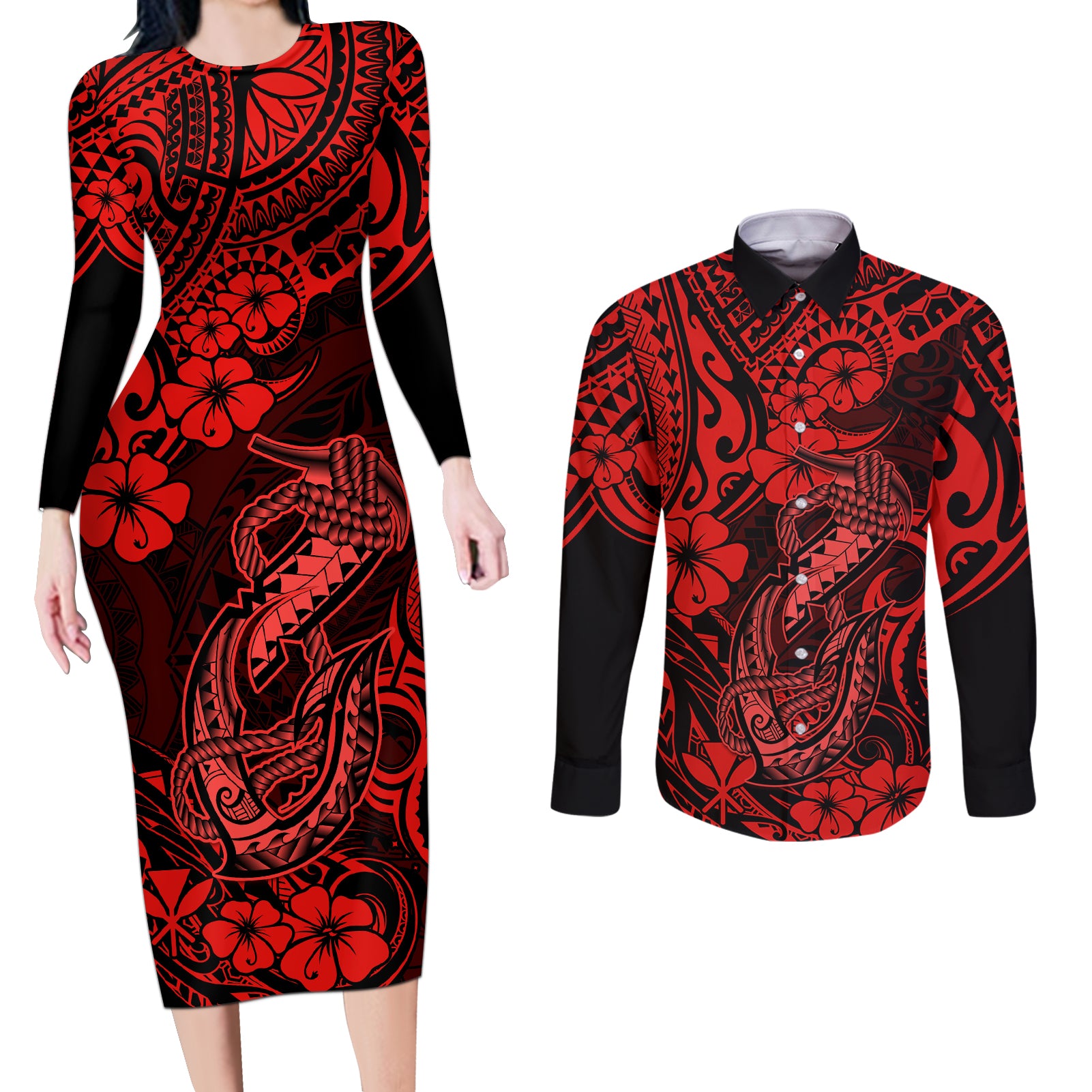 Hawaii Fish Hook Couples Matching Long Sleeve Bodycon Dress and Long Sleeve Button Shirts Hibiscus Hawaii Tribal Tattoo Red Version LT01 Red - Polynesian Pride