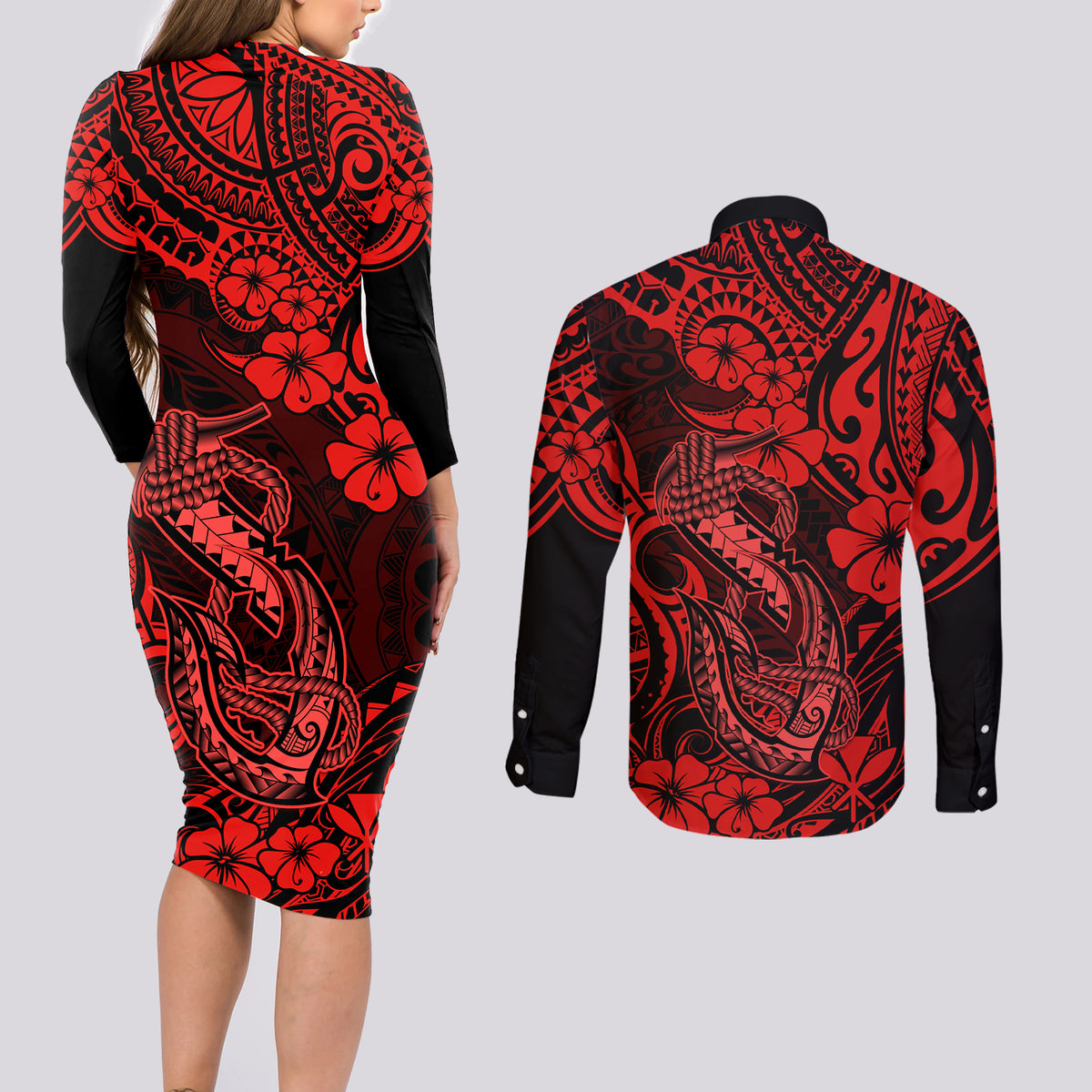 Hawaii Fish Hook Couples Matching Long Sleeve Bodycon Dress and Long Sleeve Button Shirts Hibiscus Hawaii Tribal Tattoo Red Version LT01 - Polynesian Pride