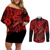 Hawaii Fish Hook Couples Matching Off Shoulder Short Dress and Long Sleeve Button Shirts Hibiscus Hawaii Tribal Tattoo Red Version LT01 Red - Polynesian Pride
