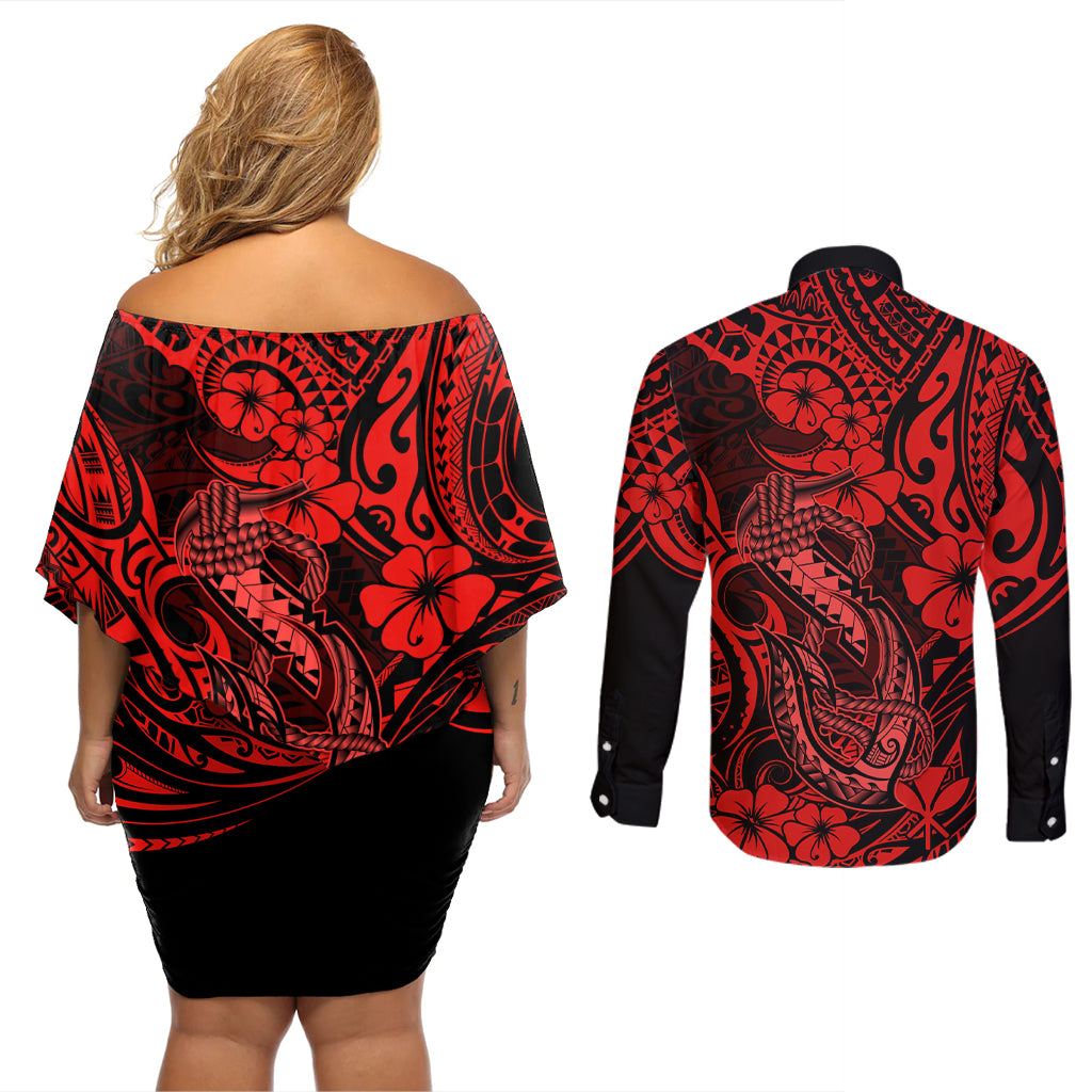 Hawaii Fish Hook Couples Matching Off Shoulder Short Dress and Long Sleeve Button Shirts Hibiscus Hawaii Tribal Tattoo Red Version LT01 - Polynesian Pride