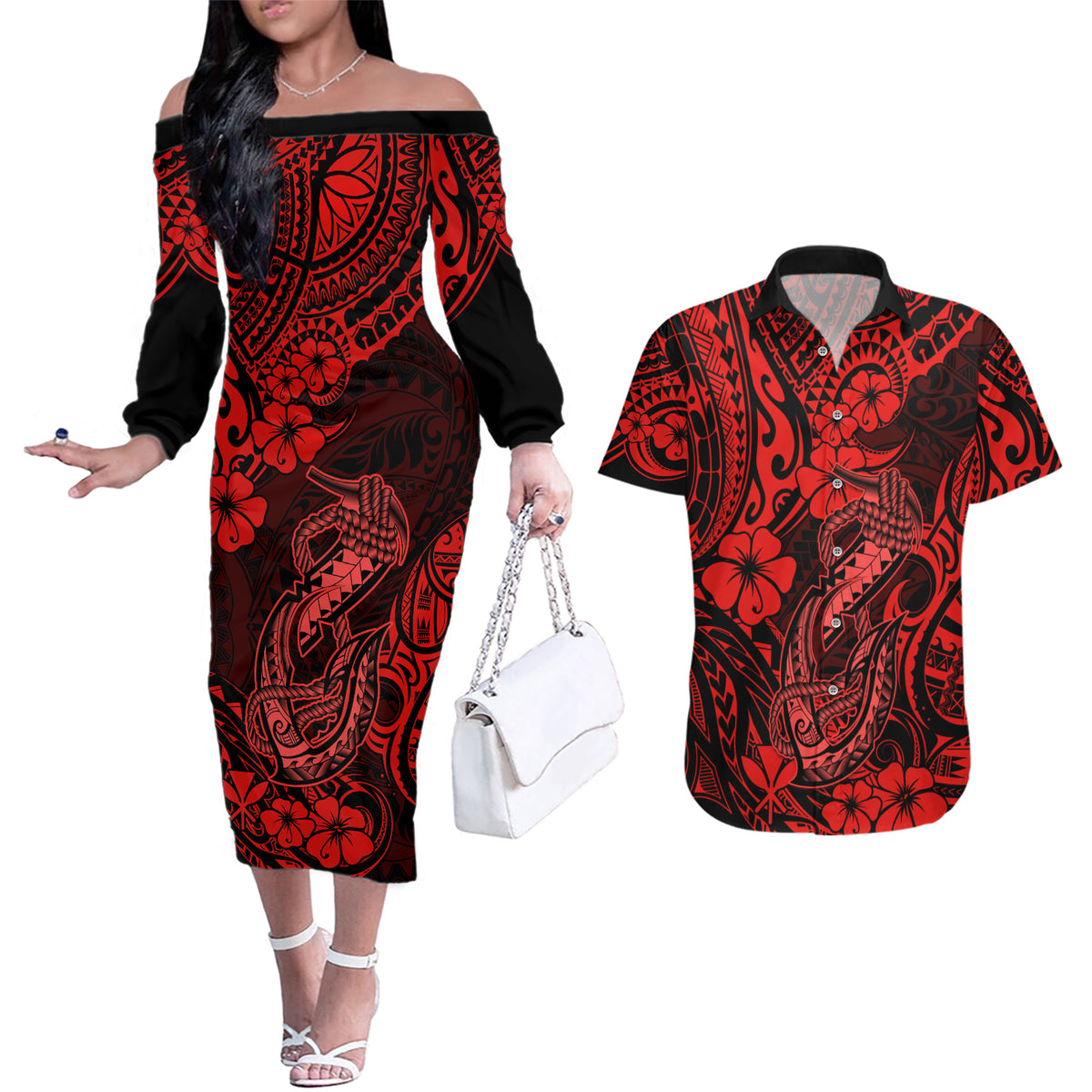 Hawaii Fish Hook Couples Matching Off The Shoulder Long Sleeve Dress and Hawaiian Shirt Hibiscus Hawaii Tribal Tattoo Red Version LT01 Red - Polynesian Pride