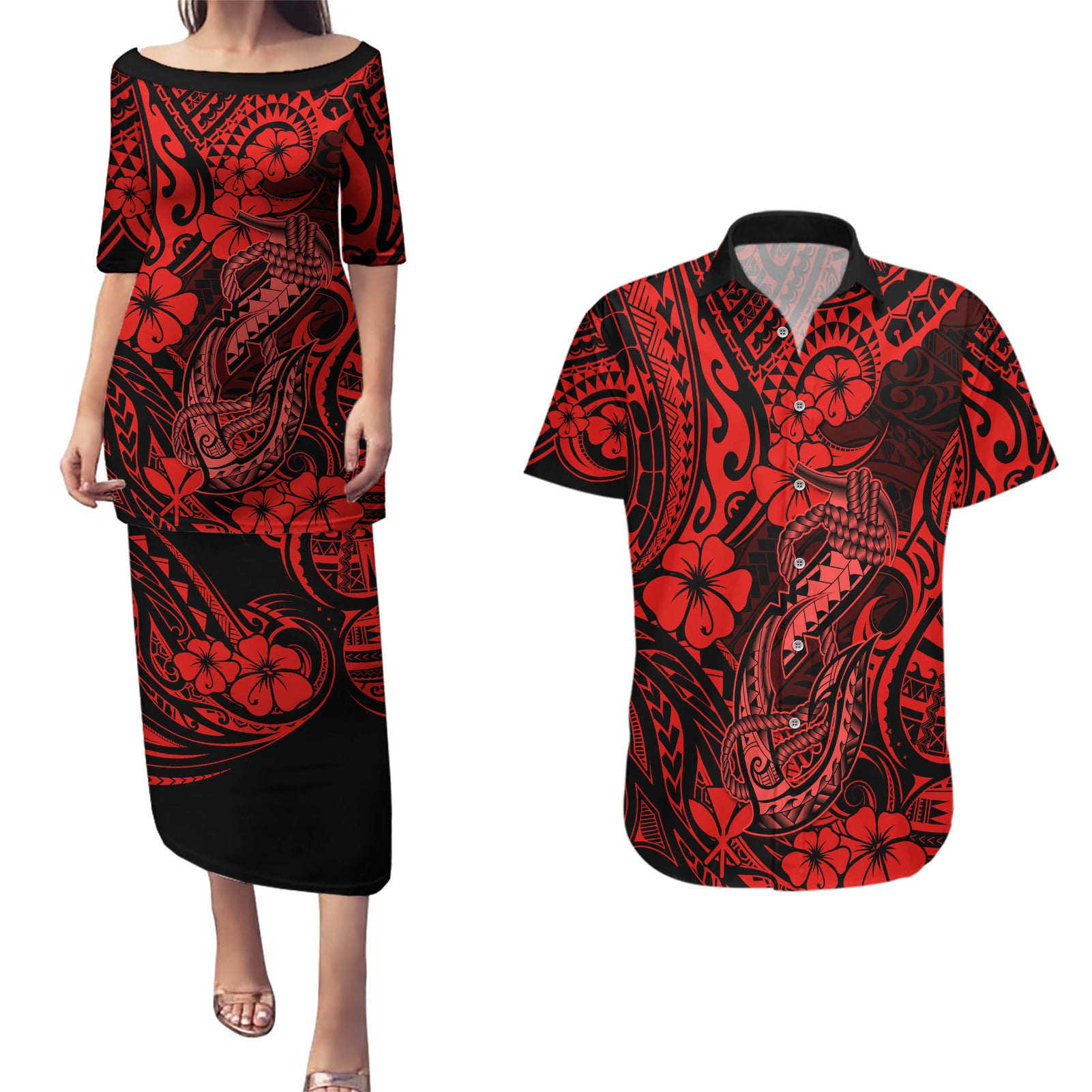Hawaii Fish Hook Couples Matching Puletasi Dress and Hawaiian Shirt Hibiscus Hawaii Tribal Tattoo Red Version LT01 Red - Polynesian Pride