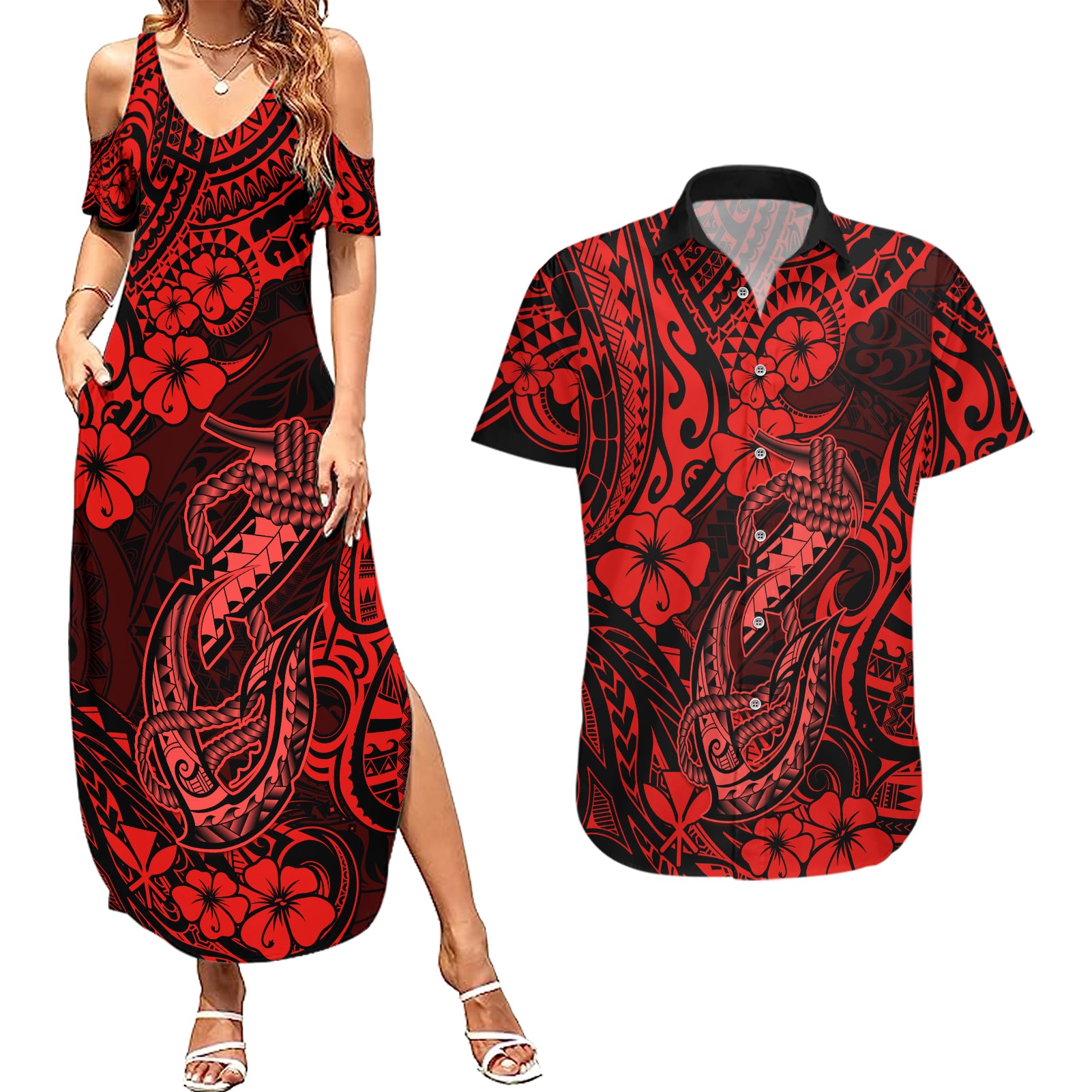 Hawaii Fish Hook Couples Matching Summer Maxi Dress and Hawaiian Shirt Hibiscus Hawaii Tribal Tattoo Red Version LT01 Red - Polynesian Pride