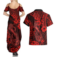 Hawaii Fish Hook Couples Matching Summer Maxi Dress and Hawaiian Shirt Hibiscus Hawaii Tribal Tattoo Red Version LT01 - Polynesian Pride