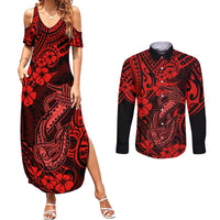 Hawaii Fish Hook Couples Matching Summer Maxi Dress and Long Sleeve Button Shirts Hibiscus Hawaii Tribal Tattoo Red Version LT01 Red - Polynesian Pride
