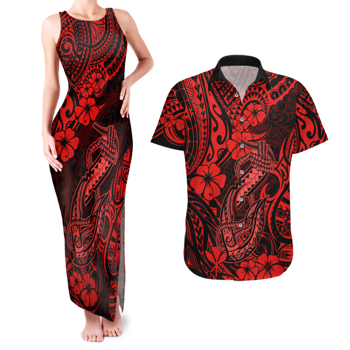 Hawaii Fish Hook Couples Matching Tank Maxi Dress and Hawaiian Shirt Hibiscus Hawaii Tribal Tattoo Red Version LT01 Red - Polynesian Pride