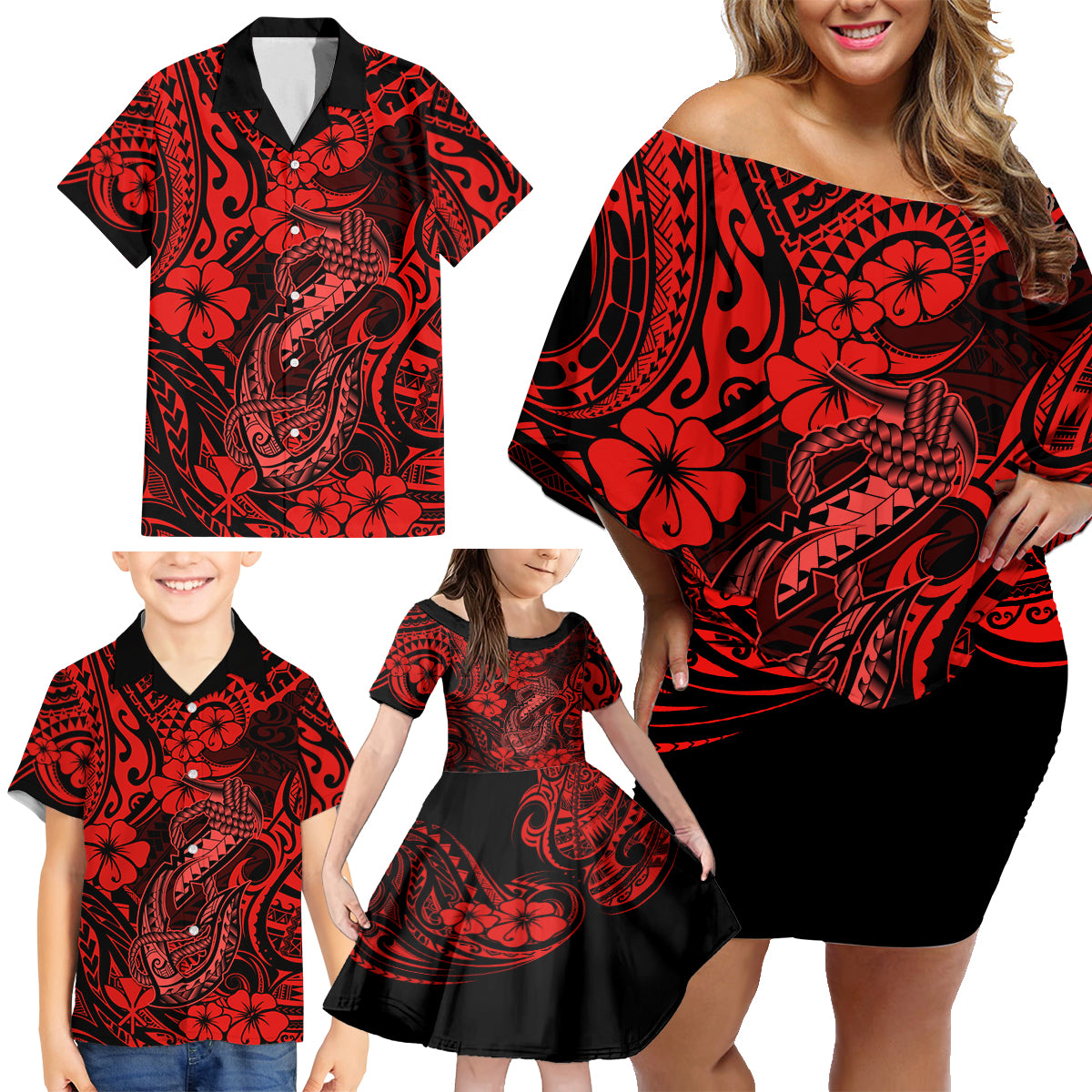 Hawaii Fish Hook Family Matching Off Shoulder Short Dress and Hawaiian Shirt Hibiscus Hawaii Tribal Tattoo Red Version LT01 - Polynesian Pride