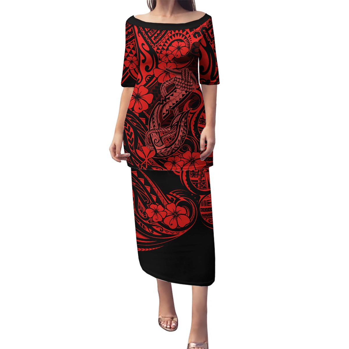 Hawaii Fish Hook Family Matching Puletasi Dress and Hawaiian Shirt Hibiscus Hawaii Tribal Tattoo Red Version LT01 Mom's Dress Red - Polynesian Pride