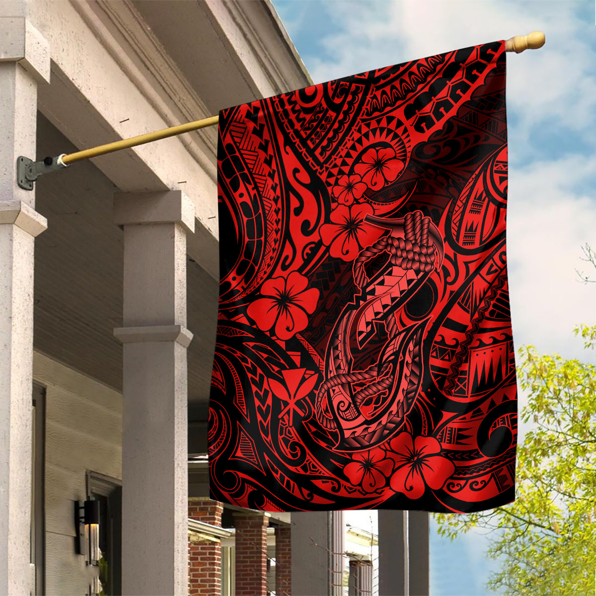 Hawaii Fish Hook Garden Flag Hibiscus Hawaii Tribal Tattoo Red Version LT01 House Flag Red - Polynesian Pride