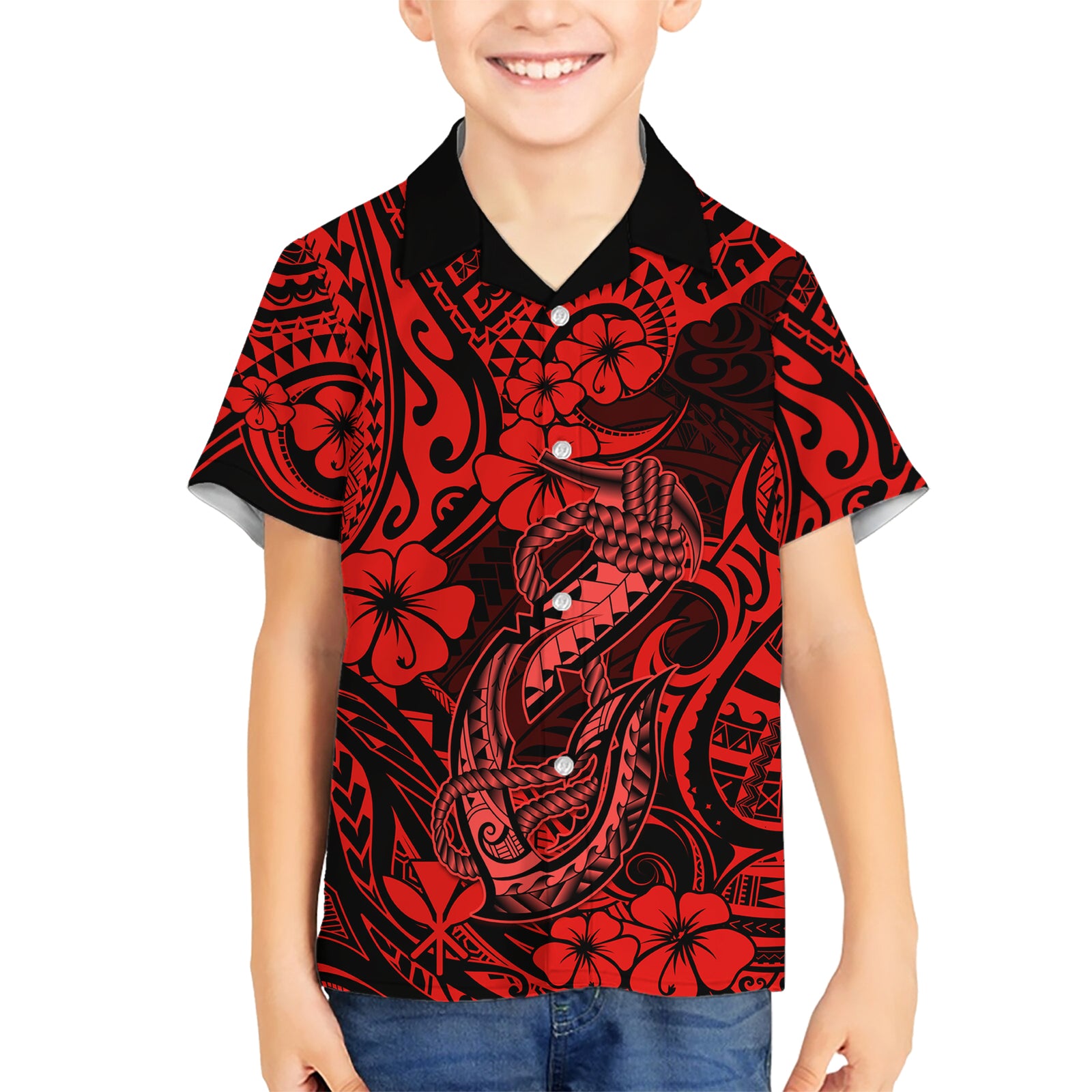 Hawaii Fish Hook Kid Hawaiian Shirt Hibiscus Hawaii Tribal Tattoo Red Version LT01 Kid Red - Polynesian Pride