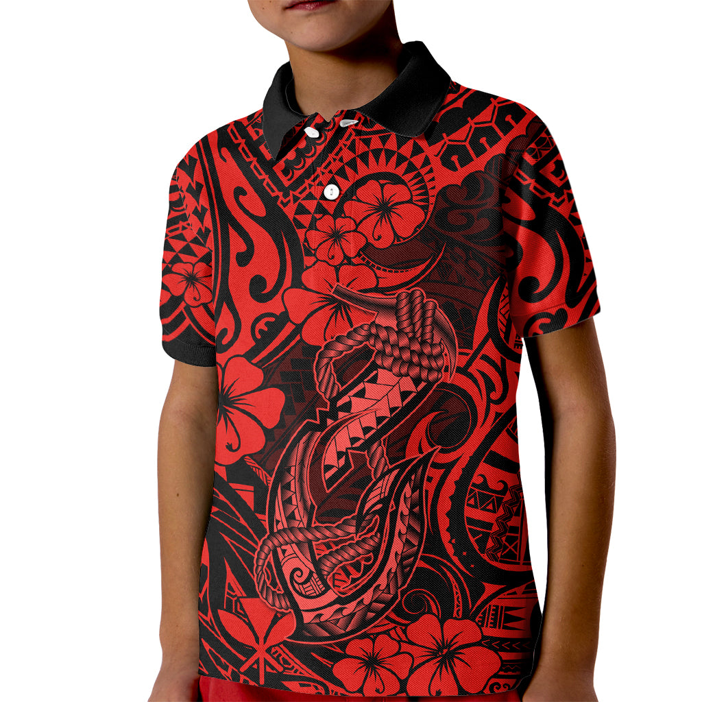 Hawaii Fish Hook Kid Polo Shirt Hibiscus Hawaii Tribal Tattoo Red Version LT01 Kid Red - Polynesian Pride