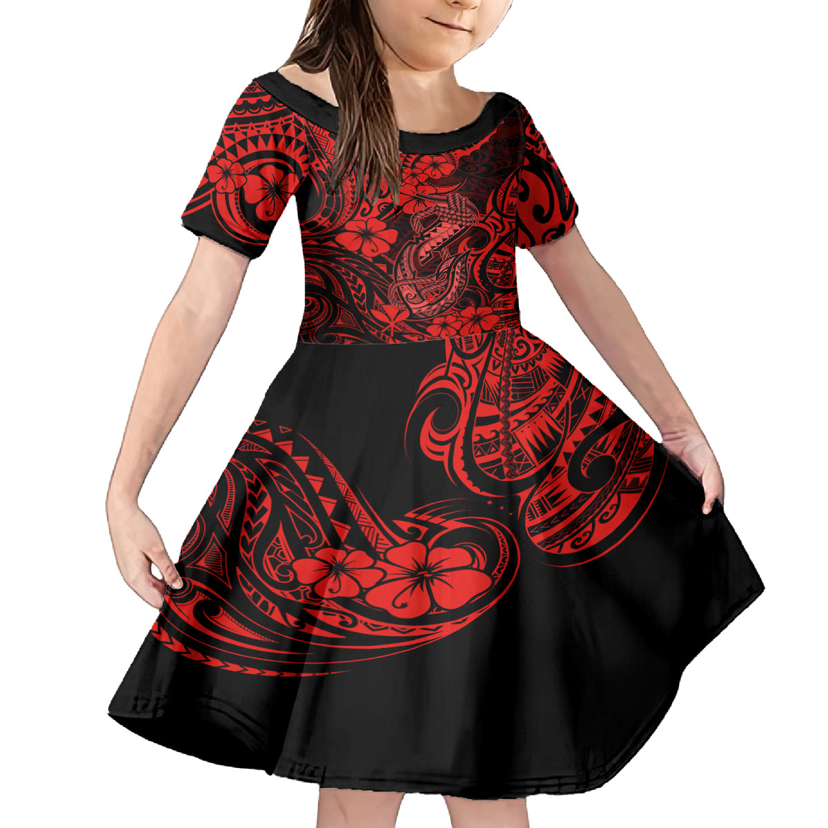 Hawaii Fish Hook Kid Short Sleeve Dress Hibiscus Hawaii Tribal Tattoo Red Version LT01 KID Red - Polynesian Pride