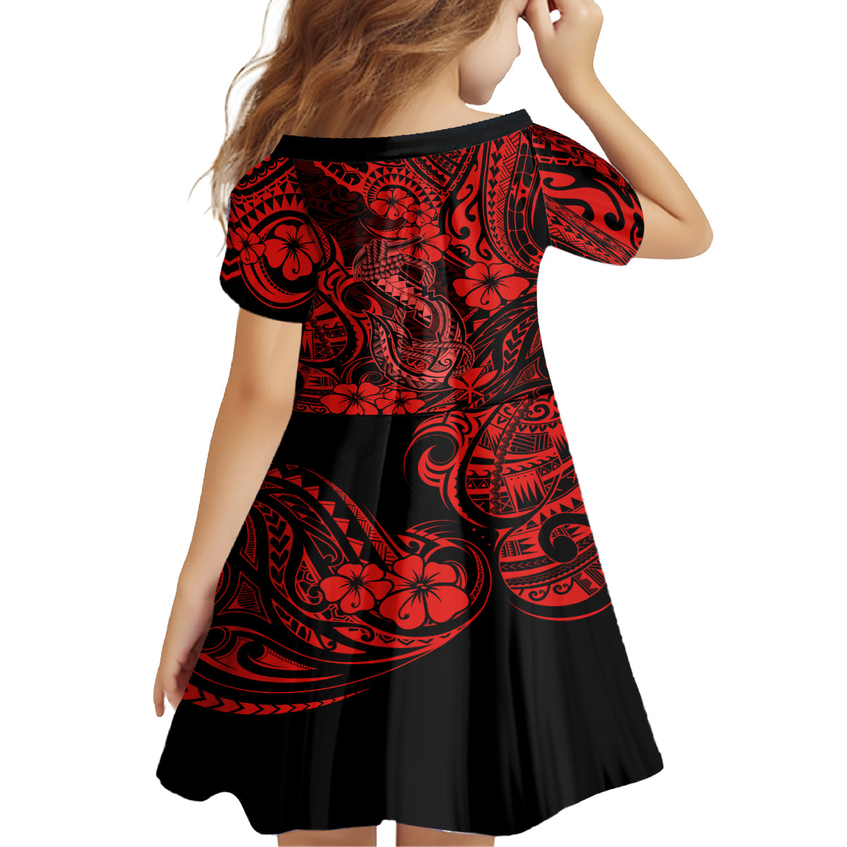 Hawaii Fish Hook Kid Short Sleeve Dress Hibiscus Hawaii Tribal Tattoo Red Version LT01 - Polynesian Pride