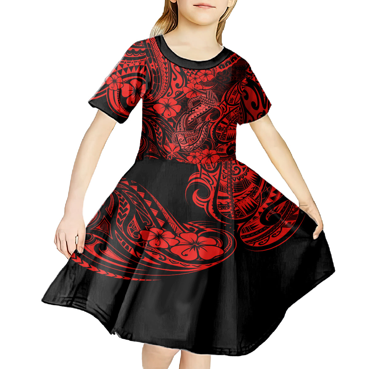Hawaii Fish Hook Kid Short Sleeve Dress Hibiscus Hawaii Tribal Tattoo Red Version LT01 - Polynesian Pride