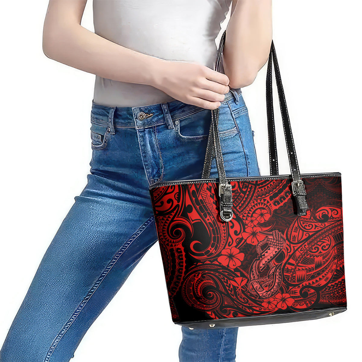 Hawaii Fish Hook Leather Tote Bag Hibiscus Hawaii Tribal Tattoo Red Version LT01 - Polynesian Pride