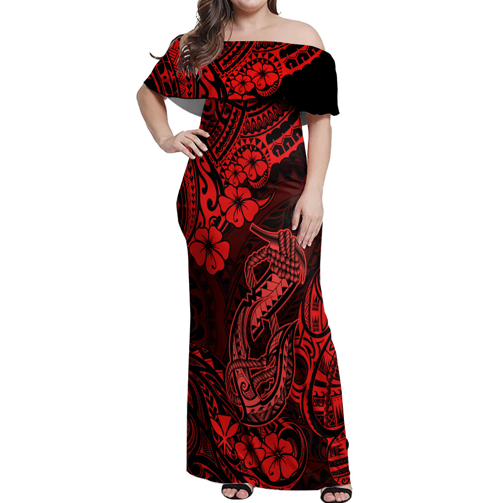 Hawaii Fish Hook Off Shoulder Maxi Dress Hibiscus Hawaii Tribal Tattoo Red Version LT01 Women Red - Polynesian Pride